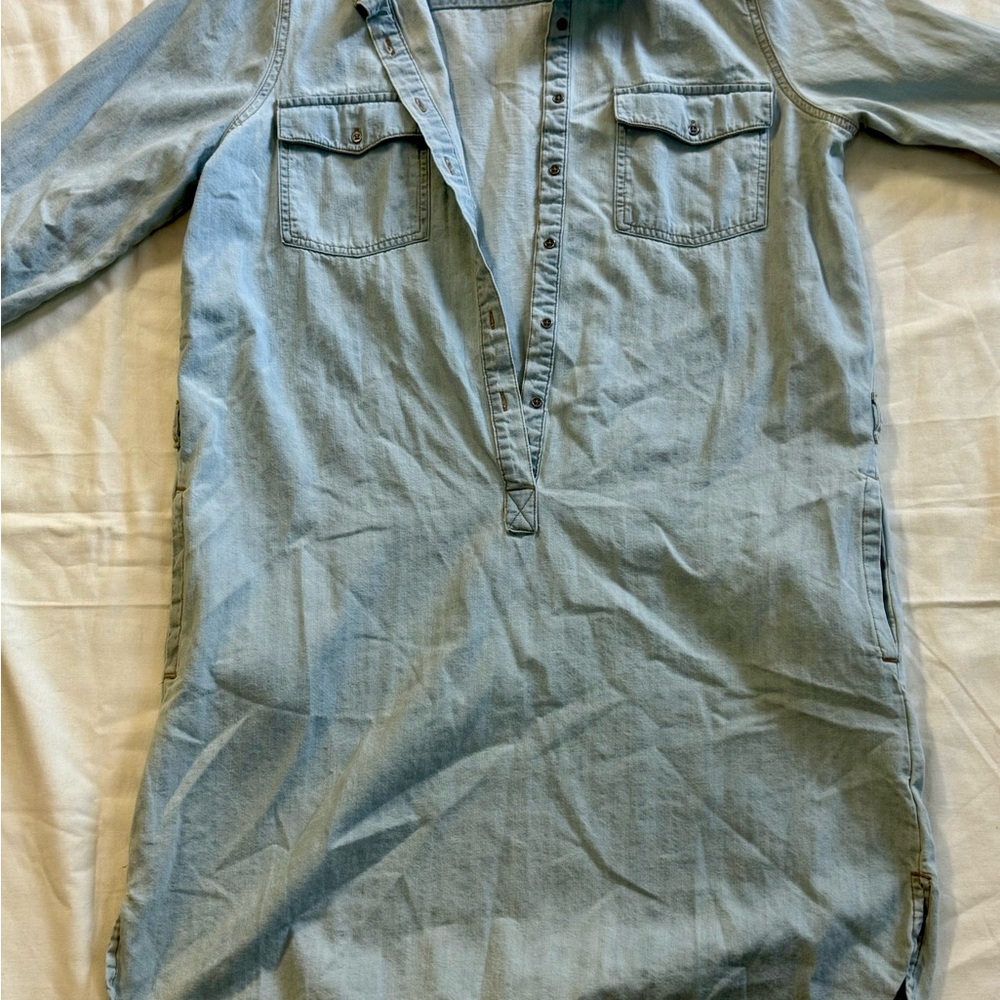 Route 66 Light Denim Shirt Dress Snap Front Long Sleeve Tunic 100% Cotton